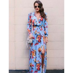 Floral Long Sleeve Tea Split Tie Waist Maxi Dress